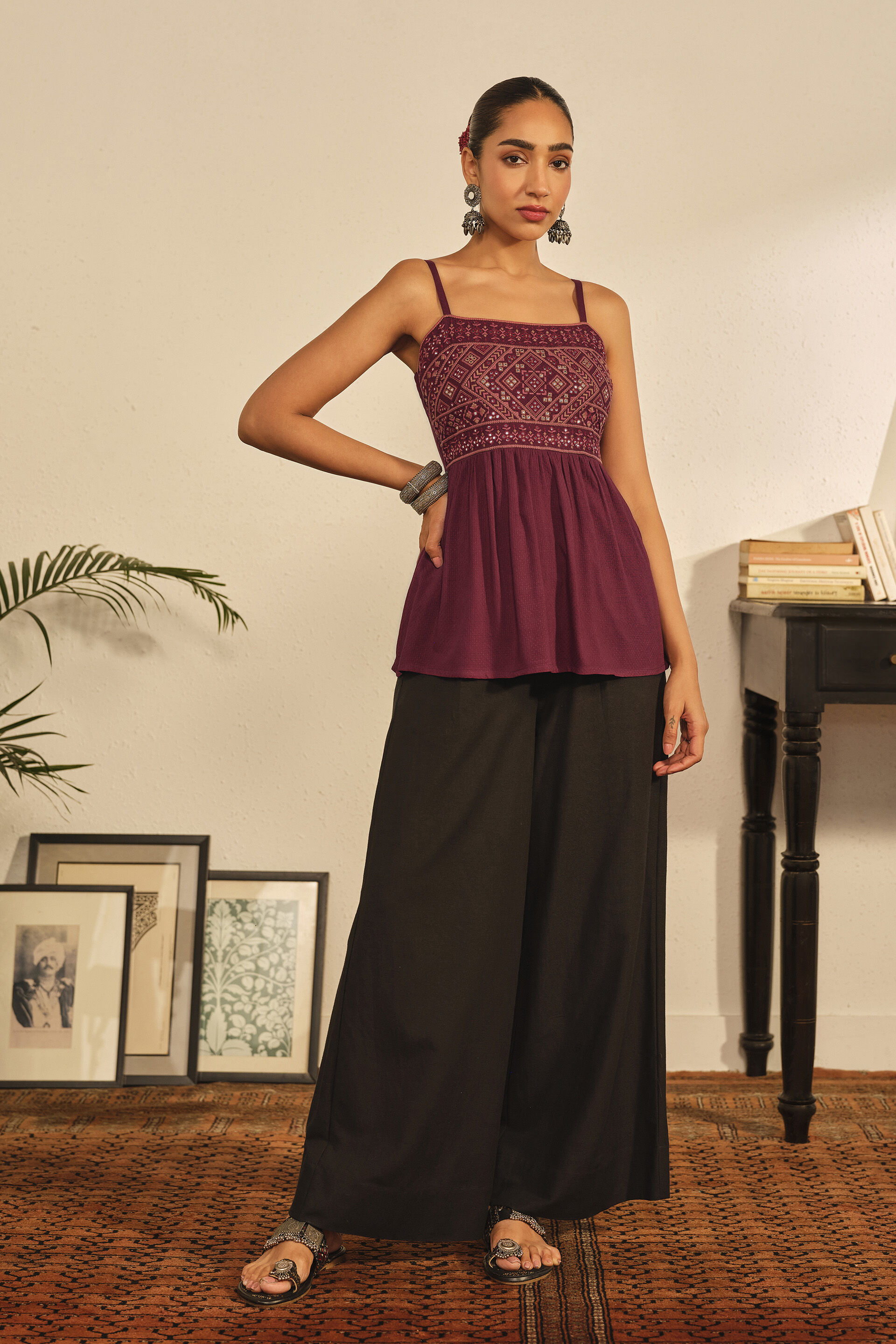Embroidered Strappy Peplum Top in Wine, Wine, image 4